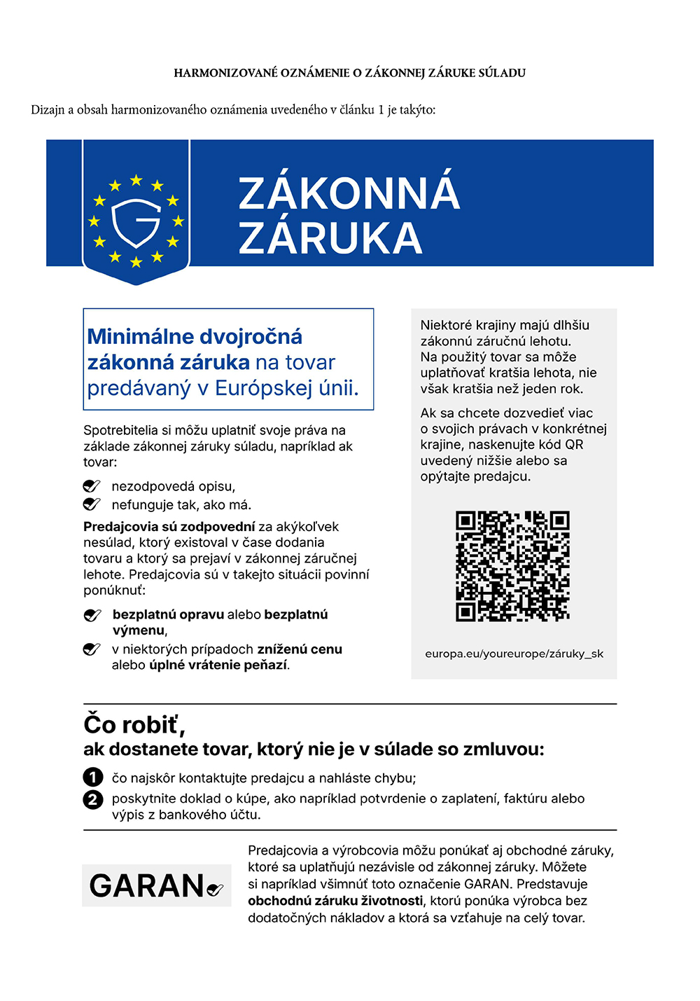 Zákonná záruka – harmonizované oznámenie o právach spotrebiteľa v Európskej únii