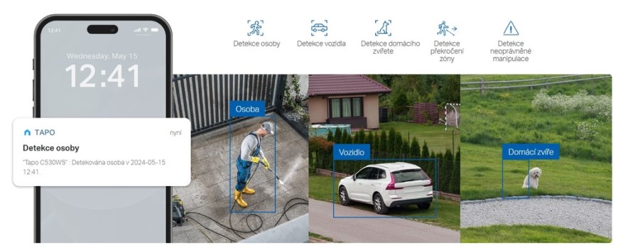 Jak připojit IP kameru: Průvodce krok za krokem připojením přes Wi-Fi i kabel Infografika k IP kamerám zachytávajúca detekciu osoby, vozidla aj domáceho zvieraťa