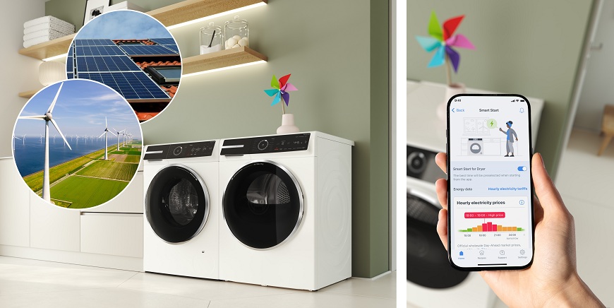 Práčka so sušičkou Bosch v kúpeľni, vedľa mobil zobrazujúci aplikáciu Home Connect a technológiu Smart Start