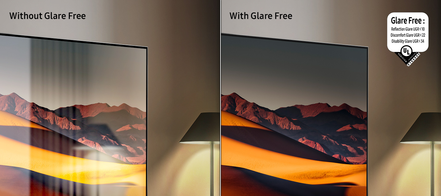 Samsung Micro RGB TV: Prichádza revolúcia v zobrazovacej technológii Vľavo bežná televízna obrazovka vedľa stojacej lampy, na obrazovke sa odráža svetlo lampy, nápis Without Glare Free; vpravo obrazovka s matnou úpravou Glare Free vedľa rovnakej stojacej lampy, obrazovka je úplne bez odleskov, nápis With Glare Free.