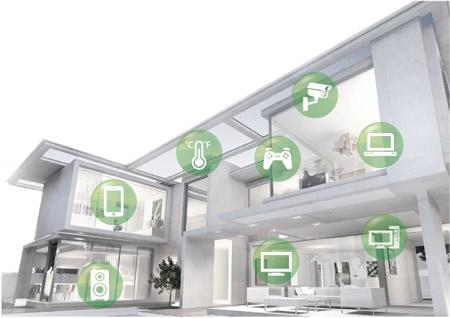 Ako vybrať router? Budova zobrazená s ikonami elektrických zariadení pripojených na Wi-Fi.
