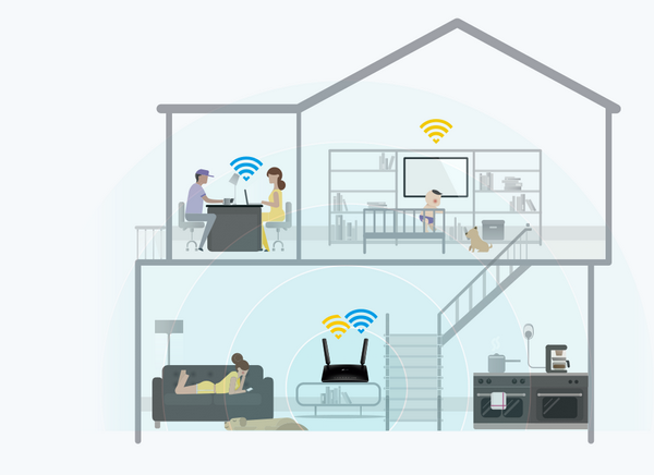 Ako vybrať router? Nákres domu, v ktorom celá rodina využíva Wi-Fi.
