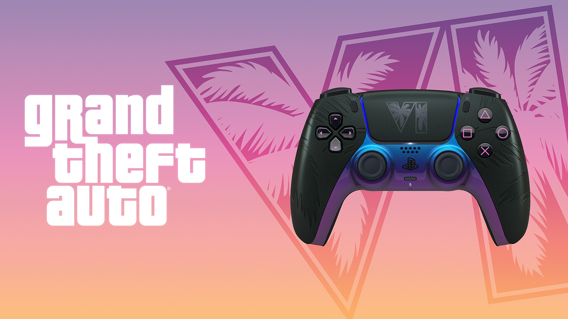 Grand Theft Auto VI: Všetko o najočakávanejšej hre desaťročia – predobjednávky spustené (aktualizované) Limitovaná edícia ovládača DualSense GTA 6 v čiernom prevedení, vľavo je logo Grand Theft Auto, na pozadí je motív GTA VI