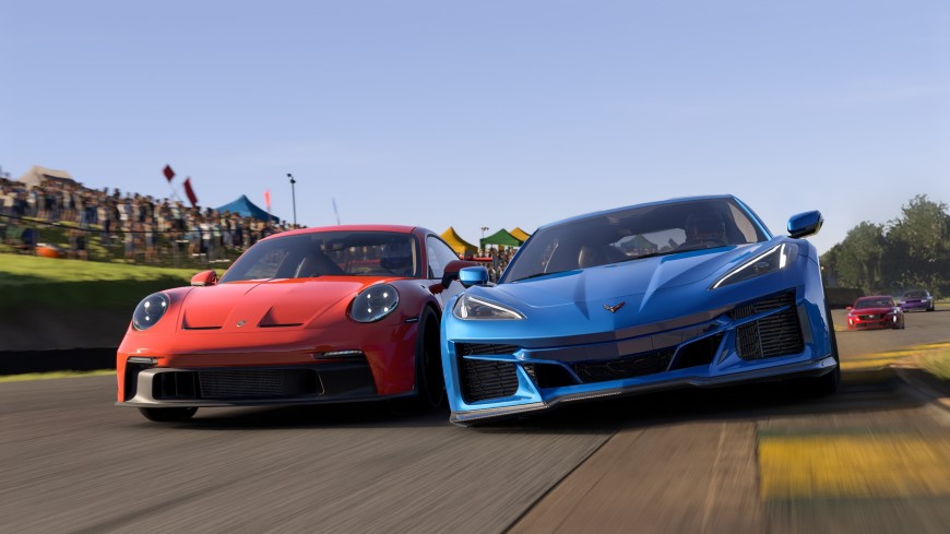 červené a modré športové auto v hre Forza Motorsport