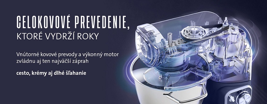 Ktorý kuchynský robot ETA Gratus vybrať? Kuchynský robot ETA Gratus s celokovovým vyhotovením a priehľadným náhľadom na vnútorné kovové prevody, motor a remeňový mechanizmus. Na banneri je text: Celokovové vyhotovenie, ktoré vydrží roky – vnútorné kovové prevody a výkonný motor pre cesto, krémy aj dlhé šľahanie.