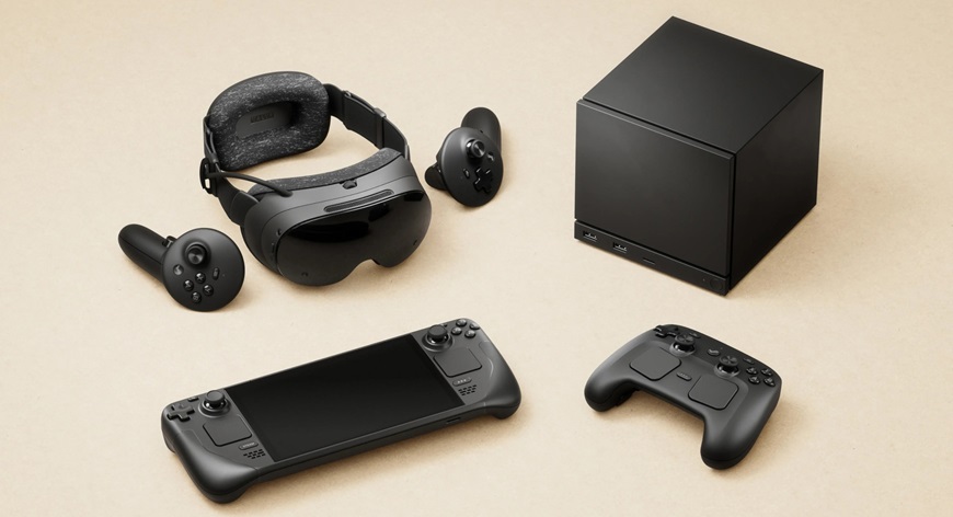 Na obrázku je herný PC Steam Machine, ovládač Steam Controller 2 a VR headset Steam Frame od značky Valve, na hnedom pozadí