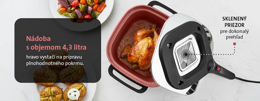 Pečenky ETA Ceramic Natura: Keď pečenie hrá farbami Pohľad zhora na béžovú nádobu hrnca na pečenie ETA Pečenka s objemom 4,3 litra, s vekom so skleneným priezorom a upečeným kuraťom vo vnútri