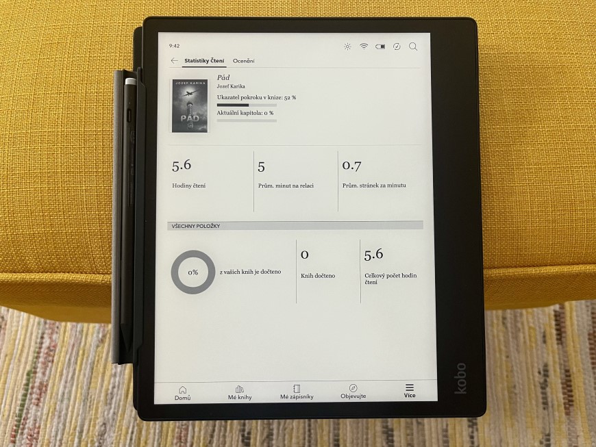 Recenzia: Čítačka e-kníh Kobo Elipsa 2E – Slúži na čítanie alebo písanie? Vlastne na oboje! displej čítačky e-kníh Kobo Elipsa 2E ukazujúci štatistiky čítania