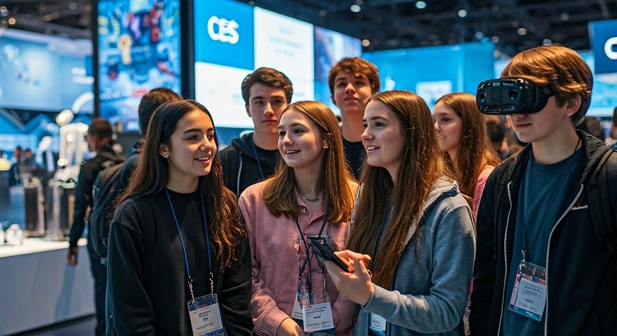Tínejdžeri testujúci virtuálnu realitu na konferencii CES