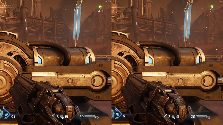 Čo je to DLSS, upscaling a ďalšie technológie grafických kariet Obrázok z hry názorne porovnávajúci režimy DLSS kvalita a ultra výkon v 4K