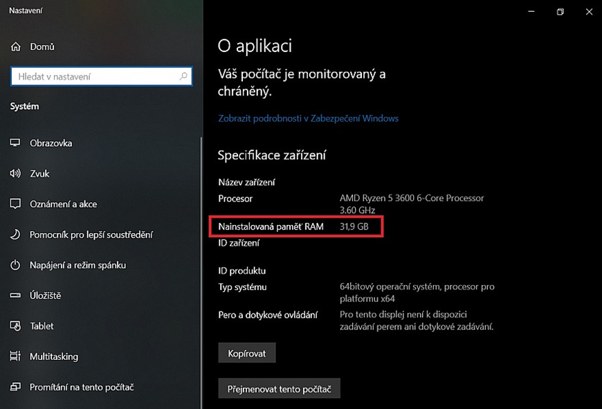 Ako vybrať RAM? informačné okno so špecifickými parametrami PC v správcovi úloh