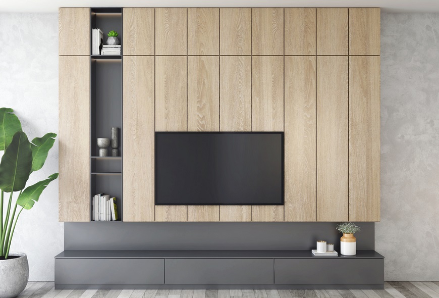 Ako schovať káble od TV? televízor zabudovaný do obývacej steny