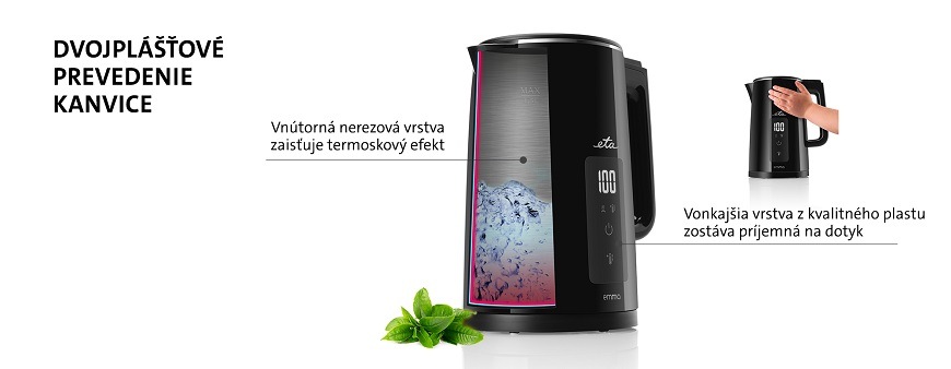 Dvouplášťová konvice ETA: Elegantní a chytrá vychytávka do vaší kuchyně Infografika dvouplášťové rychlovarné konvice ETA Emma v černé barvě s popisem nerezové vnitřní vrstvy a chladného plastového povrchu