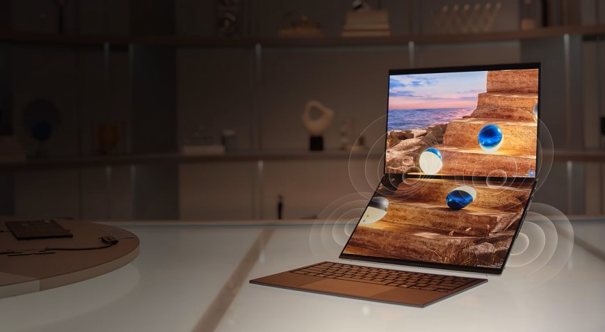 Nový notebook ASUS Zenbook DUO v režime, ktorý zobrazuje oba displeje