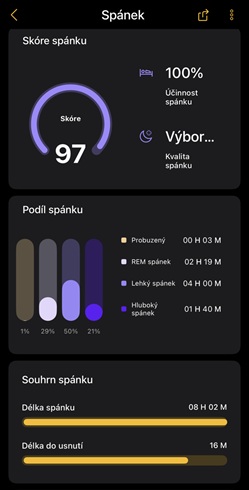 Recenzia: Niceboy ONE Ultra – Inteligentný prsteň, ktorý vie platiť a vyplatí sa mať ho poruke Ukážka hodnôt nameraných inteligentným prsteňom v aplikácii Niceboy ONE – Spánkové skóre
