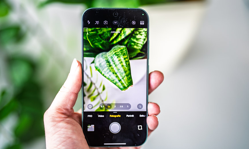 Smartfón Xiaomi 17 zelenej farby počas fotografovania izbovej rastliny.