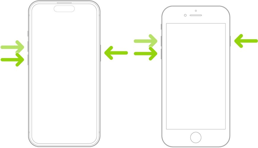 Ako reštartovať iPhone? Ikony smartfónov zobrazujúce umiestnenia tlačidiel pre reštart.