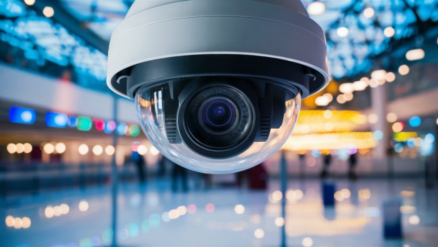 pohľad na šošovku IP kamery v rozostrenom pozadí