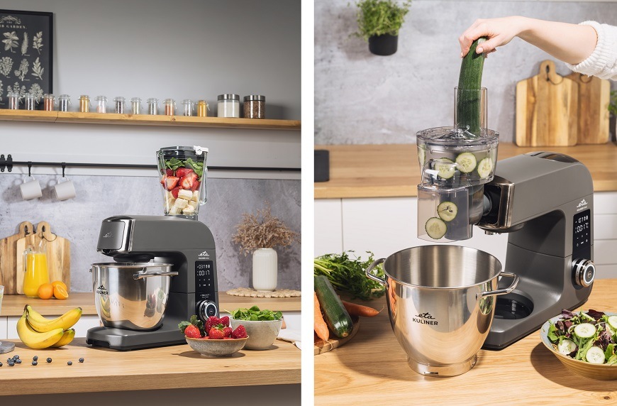 Kuchynský robot ETA Gratus Kuliner II Max: špičkový výkon a neprekonateľné príslušenstvo Dva pohľady na sivý robot ETA Gratus Kuliner II Max. Ľavá časť ukazuje mixovanie jahôd a banánov, pravá časť ukazuje strúhanie čerstvej uhorky priamo do misy