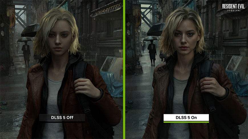Technológia NVIDIA DLSS 5 posúva vizuálnu kvalitu hier o míľový krok ďalej ukážka hry Resident Evil so zapnutou a vypnutou technológiou DLSS 5 NVIDIA