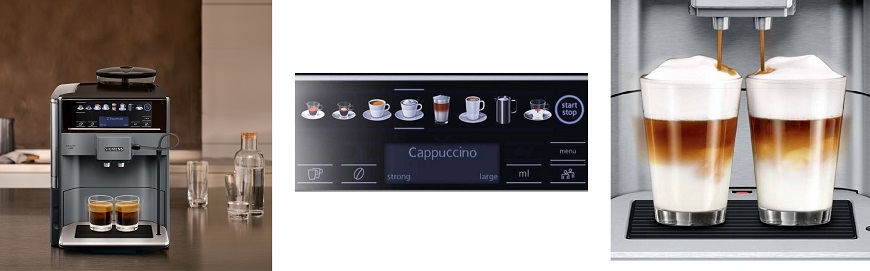 koláž automatického kávovaru Siemens EQ6plus, ovládacieho panela kávovaru a ukážky prípravy 2 mliečnych nápojov naraz