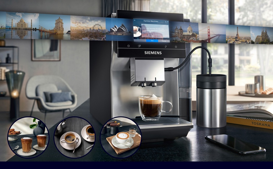 Automatický kávovar Siemens EQ.500 Classic TP515R01 s ukážkou ponuky kávových špecialít z celého sveta