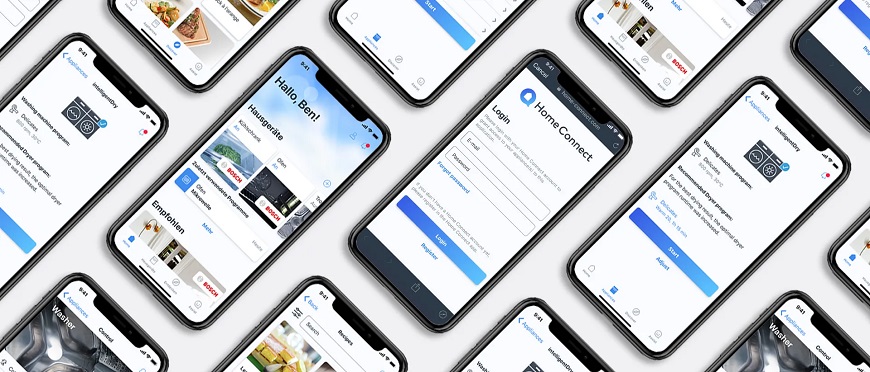 viaceré mobily vedľa so zapnutým displejom a aplikáciou Home Connect