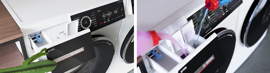 detail na dávkovací zásobník práčky Bosch Serie 8 s dávkovacím systémom i-DOS