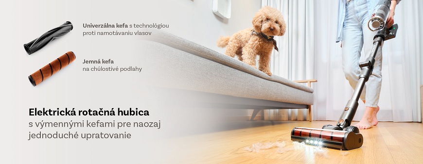 ETA Terier: Tyčový vysávač s neprekonateľným výkonom a príslušenstvom popis kief vysávača ETA Terier vľavo a žena vysávajúca s vysávačom ETA Terier v obývačke vpravo