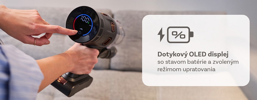 ETA Terier: Tyčový vysávač s neprekonateľným výkonom a príslušenstvom ukážka ovládania a popis dotykového OLED displeja tyčového vysávača ETA Terier