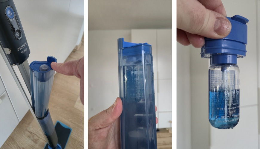  Nádržka na čistotu vodu v mope Philips OneUp s čistiacim prostriedkom.