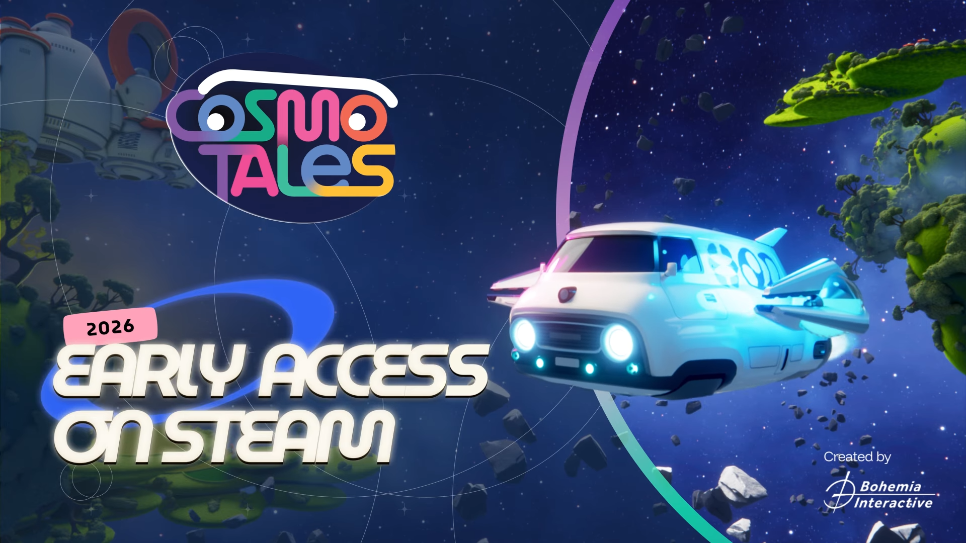 Screenshot z teaser traileru na hru Cosmo Tales, lietajúce auto vo vesmíre, logo hry Cosmo Tales a nápis „2026 Early Access on Steam“