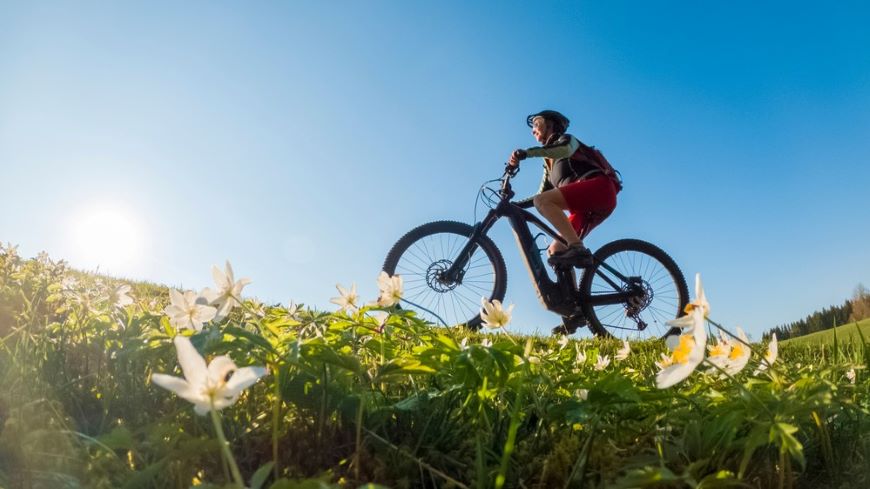 Žena jazdiaca na elektrobicykli po lúke v prírode.