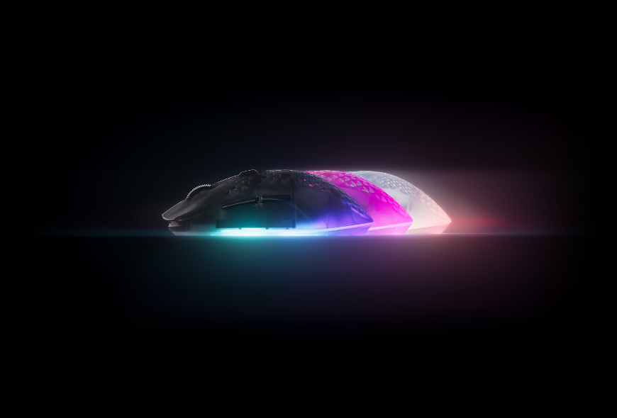 Tri myši SteelSeries Aerox 3 Wireless Gen 2 za sebou, prevedenie Shadow, MagentaHaze a Ghost