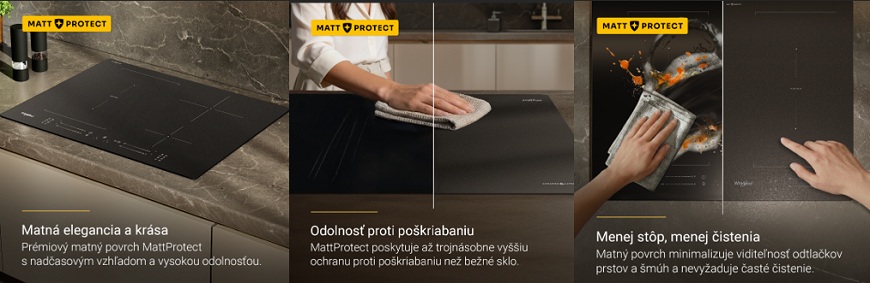 Matná krása indukčných varných dosiek Whirlpool MattProtect Benefity indukčných varných dosiek Whirlpool MattProtect. Matný povrch, odolnosť proti poškriabaniu, menej stop, menej čistenia.