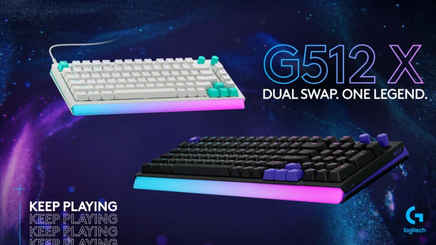 Klávesnica Logitech G512 X v bielom a čiernom vyhotovení pod sebou, nápis G512 X DUAL SWAP. ONE LEGEND, v ľavom dolnom rohu nápis KEEP PLAYING, v pravom dolnom rohu logo Logitech G