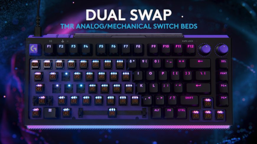 Klávesnica Logitech G512 X s farebným podsvietením a odkrytou časťou spínačov, nápis DUAL SWAP, TMR ANALOG/MECHANICAL SWITCH BEDS