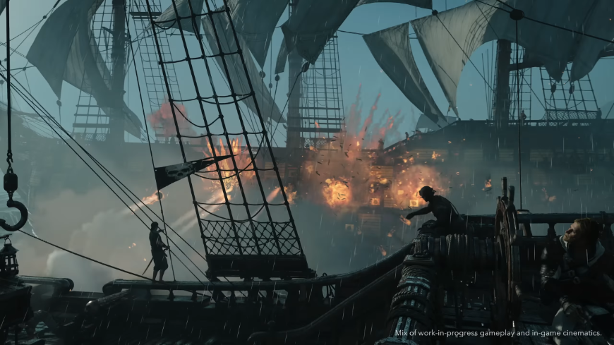 Námorná bitka, loď vpredu útočí na loď vzadu, ktorá vybuchuje, screenshot z traileru na hru Assassin's Creed Black Flag Resynced