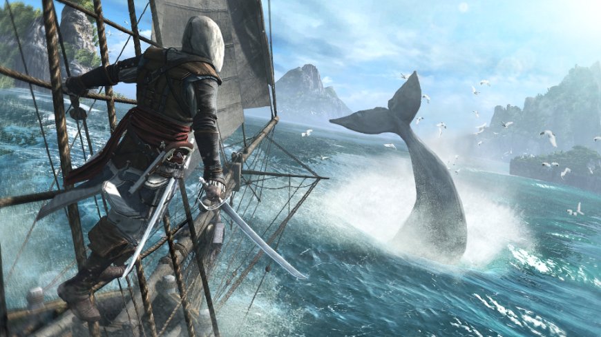 Edward Kenway v asasínskom odeve drží v ruke šabľu a stojí na ráhne lode a vykláňa sa, na pozadí je more s chvostom delfína, screenshot z hry Assassin's Creed IV: Black Flag