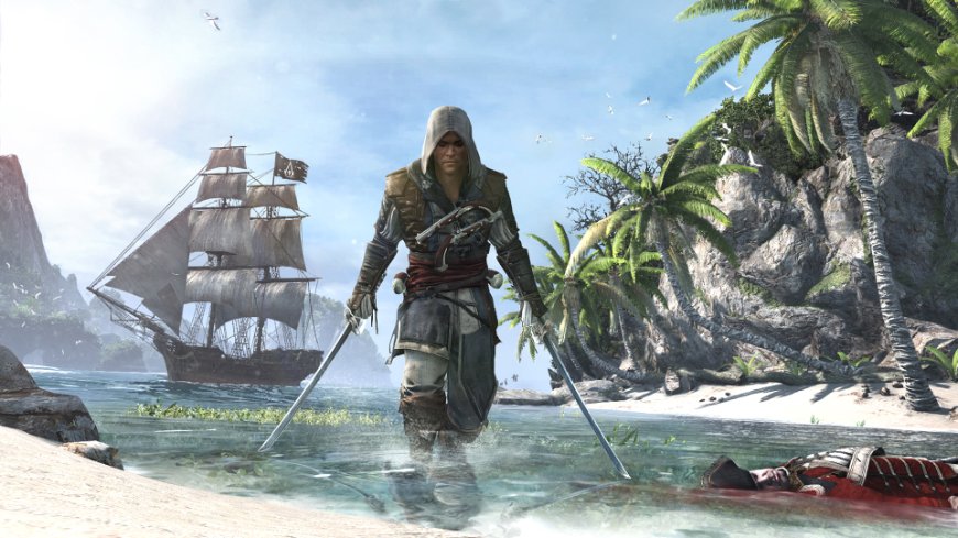 Edward Kenway v asasínskom odeve drží v oboch rukách meče a stojí na brehu mora, na pozadí je loď, screenshot z pôvodnej hry Assassin's Creed IV: Black Flag