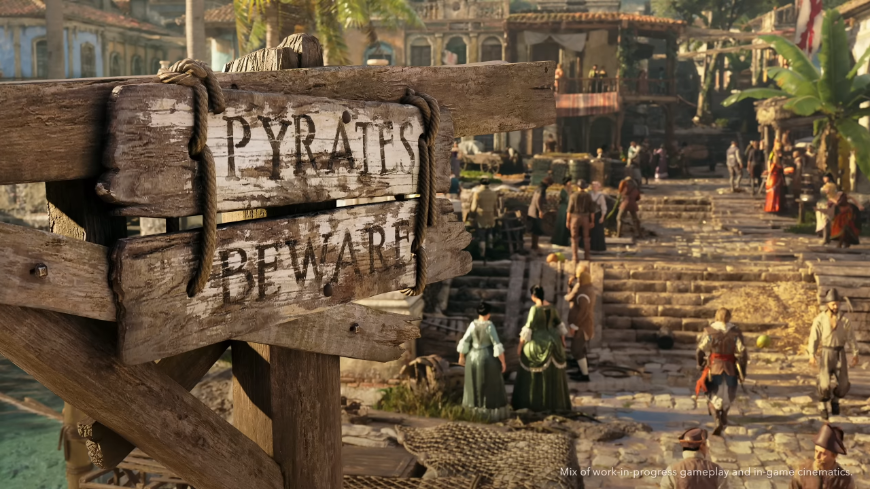 Ceduľa s nápisom Pyrates Beware na kraji mesta, screenshot z traileru na hru Assassin's Creed Black FLag Resynced