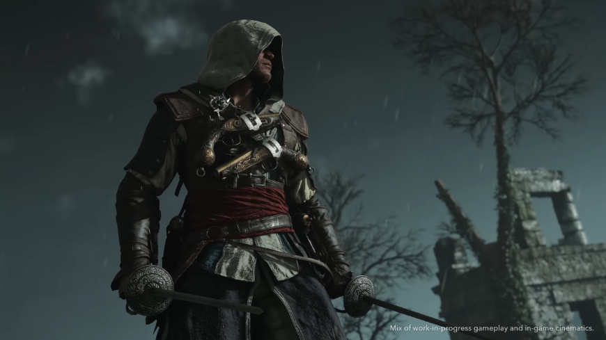 Edward Kenway v asasínskom odeve na pozadí ruin, screenshot z traileru na Assassin's Creed Black Flag Resynced