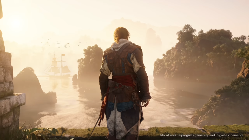 Edward Kenway stojí na skale a pozerá sa na more, na ktorom pláva loď, screenshot z traileru na hru Assassin's Creed Black Flag Resynced