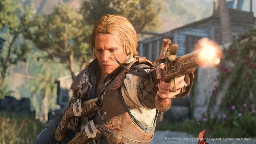 Edward Kenway strieľa z pištole, screenshot z traileru na hru Assassin's Creed Black Flag Resynced