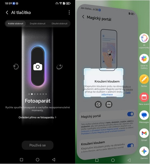 Recenzia: Honor 600 Lite – Štýlová dizajnovka s neprekonateľnou výdržou Screenshot obrazovky mobilu Honor 600 Lite – nastavenie AI tlačidla, AI funkcia Magický portál.