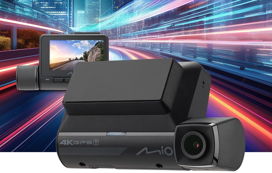 futuristické mesto a autokamera Mio MiVue 956