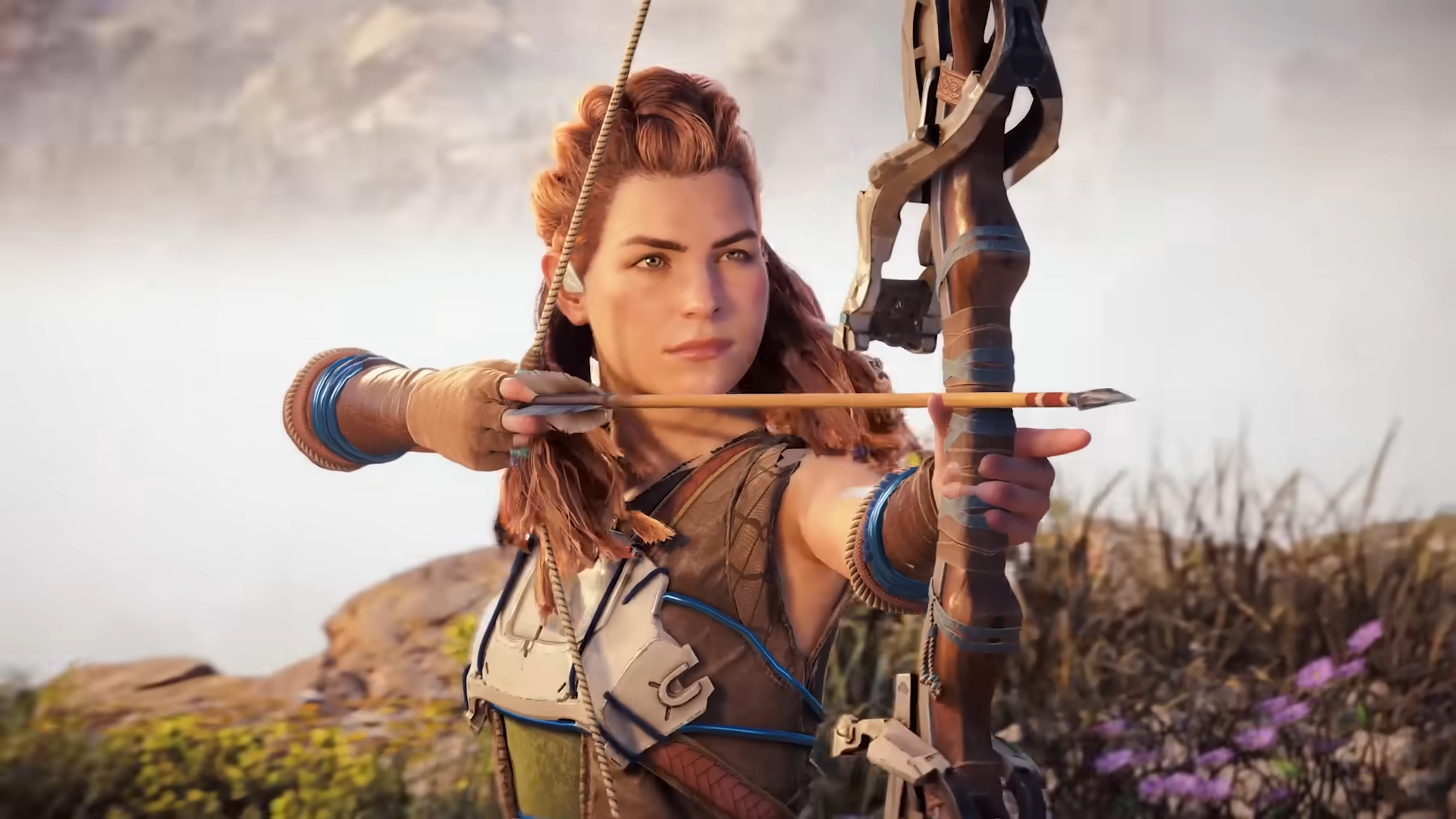 Herný mesačník: Apríl 2026 priniesol pirátov aj cesty do vesmíru Aloy mieri lukom, screenshot z traileru na Horizon Zero Dawn Remastered