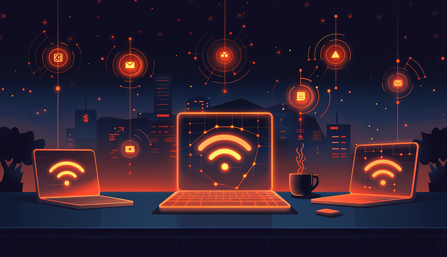 Čo je to VPN? Virtuálna privátna sieť vám pomôže s bezpečnosťou aj súkromím grafické znázornenie 3 notebookov s logom wi-fi