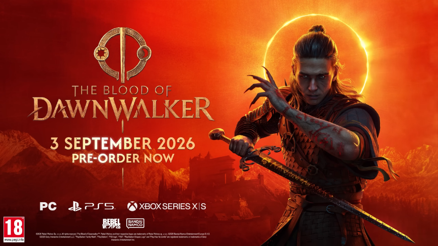 Coen v bojovej pozícii na pozadí slnečného kruhu, logo The Blood of Dawnwalker, informácie o vydaní hry, screenshot z traileru na The Blood of Dawnwalker