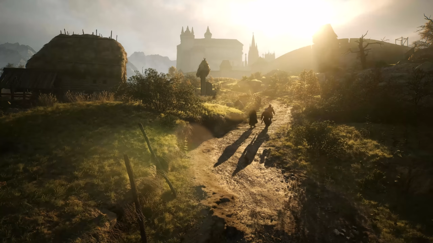 Preslnená krajina s cestou, po ktorej idú dve postavy, screenshot z traileru na The Blood of Dawnwalker
